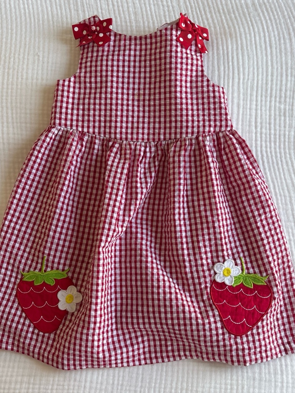 Red Gingham Strawberry Appliqué Kids Dress